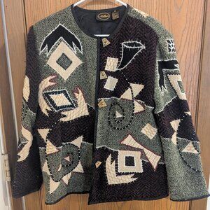 Allure Vintage Patchwork Geometric Artsy Button Down Blazer Cardigan Jacket-M